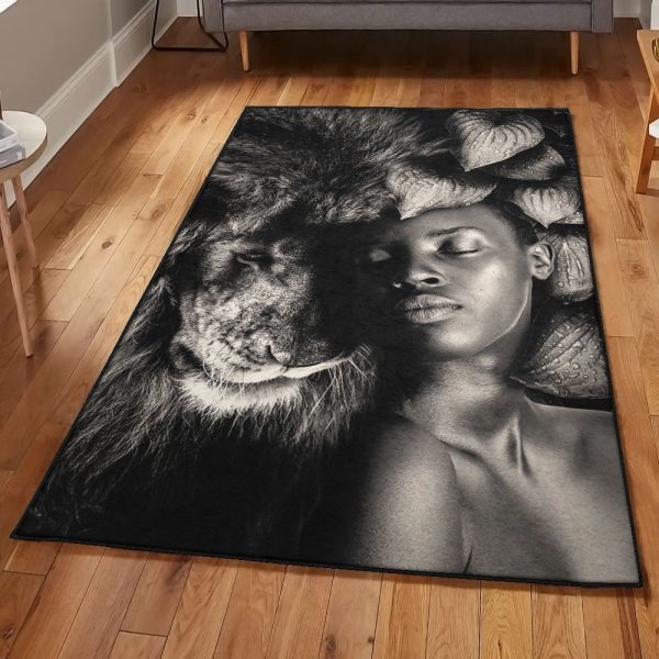 Girl Rugs Woman And Lion Rug Rectangle Rugs Washable Area Rug Non-Slip Carpet For Living Room Bedroom