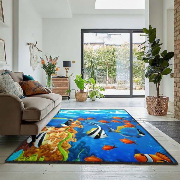 Ocean Dining Room Rug Ocean Fish Rug Rectangle Rugs Washable Area Rug Non-Slip Carpet For Living Room Bedroom