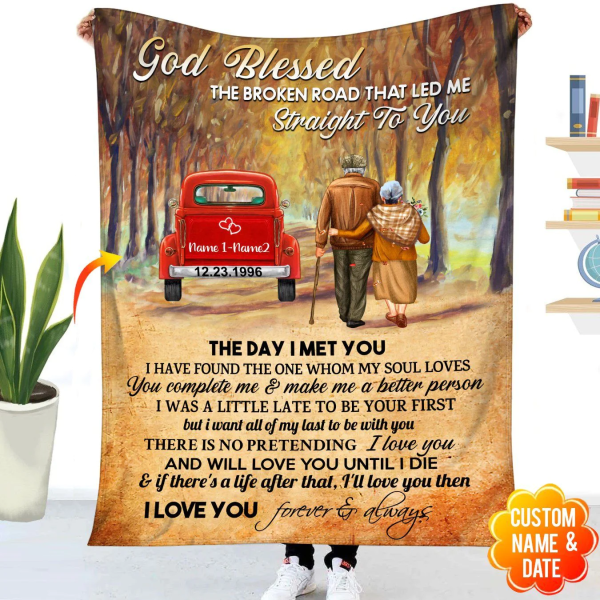 Personalized Old Couple Red Truck Husband Wife Fleece Blanket, Blanket