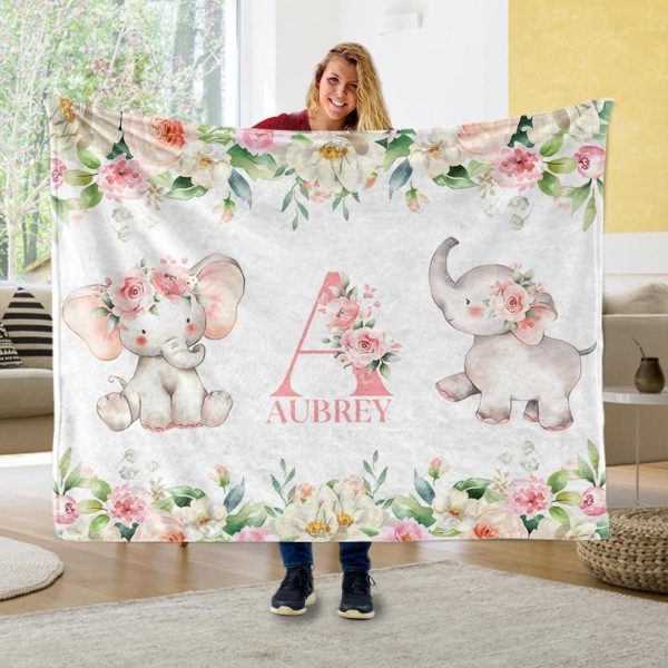 Baby Elephant Blanket, Blanket Personalized Baby Name, Cute Blanket, B