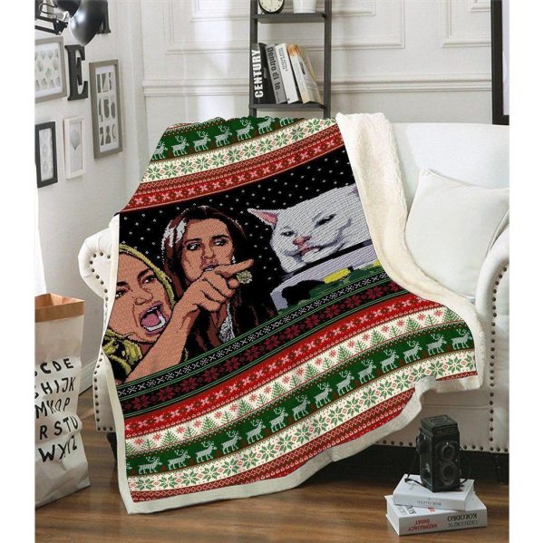 Woman Yelling At Cat Funny Meme Blanket Fleece Blanket