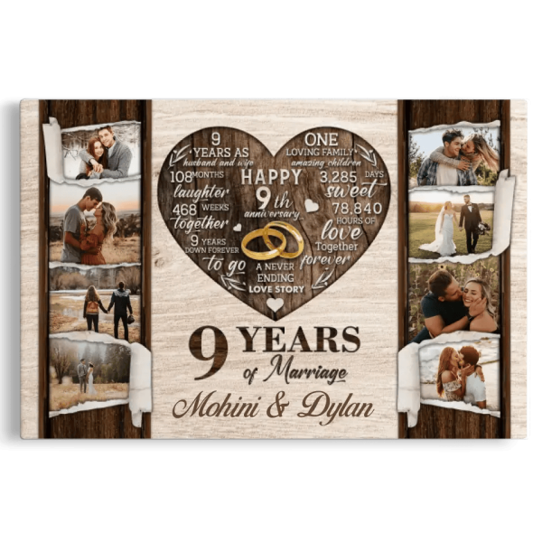 Personalized Canvas Prints, Custom Photo, Gifts For Couples, 9th Anniversary Gifts For Husband and Wife, 9 Years Of Marriage Dem Canvas - Image 7