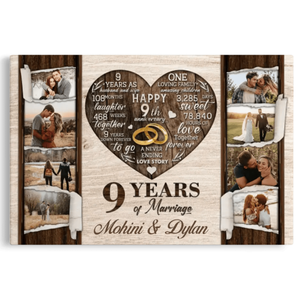 Personalized Canvas Prints, Custom Photo, Gifts For Couples, 9th Anniversary Gifts For Husband and Wife, 9 Years Of Marriage Dem Canvas - Image 8